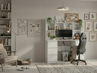 Biurko KUBA Z NADSTAWKĄ BIAŁE + Fotel DRIFT CZARNY Zestaw 6 Szuflad