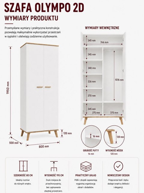 Szafa Ubraniowa OLYMPO 2D BIAŁA DĄB ARTISAN 80 Cm Drążek 2 Drzwi Sypialnia