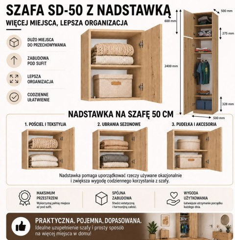 Szafa z Nadstawką SD-50 Drzwi Półki DĄB ARTISAN Do Garderoby Pokoju Biura