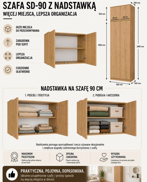 Szafa z Nadstawką SD-90 Drzwi Półki DĄB ARTISAN Do Garderoby Pokoju Biura
