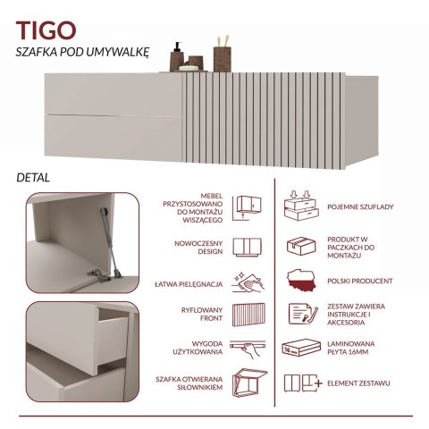 SZAFKA POD UMYWALKĘ TIGO 1D2S KASZMIR 140 CM 2 SZUFLADY RYFLOWANY FRONT WISZĄCA