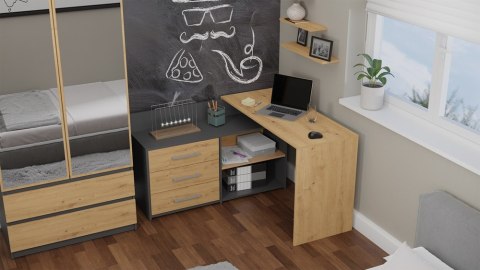Zestaw BIURKO DANY Narożne ANTRACYT / DĄB ARTISAN + Fotel DRIFT CZERWONY