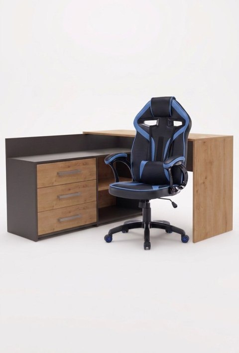 Zestaw BIURKO DANY Narożne ANTRACYT / DĄB ARTISAN + Fotel DRIFT NIEBIESKI